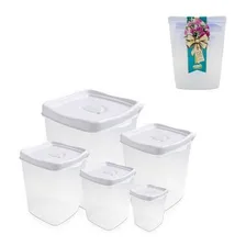 Conjunto 5 Potes Quadrados Tampa Branca Plasvale Foto  mini 1