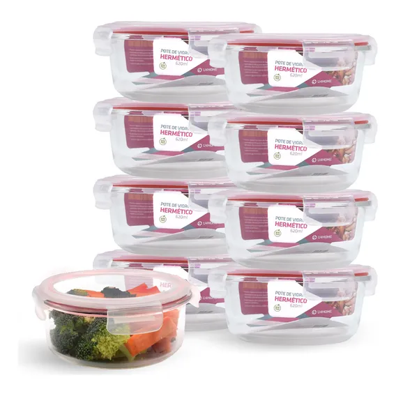 Conjunto 9 Pote Vidro Hermético Mantimentos Tampa 620ml Cor Vermelho Foto 1