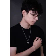 Conjunto Aço Corrente Pulseira Masculino Cruz J-1366 Prata Foto mini 2