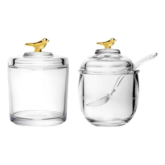 Conjunto Açucareiro Com Pote Potiche Cristal 12cm Bird Gold Foto 1