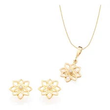 Conjunto Brinco Colar Flor Pedra Banhado Ouro Antialérgico Foto mini 1