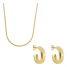 Conjunto Brinco Pequeno De Argola E Colar Feminino Banhado Foto mini 1
