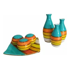 Conjunto Centro Mesa Decorativo Em Cerâmica Azul/amarelo Foto  mini 1