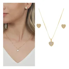 Conjunto Colar Brinco Coração Kit Semi Joia Banhado Ouro 18k Cor Dourado Foto mini  2