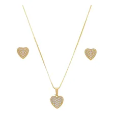 Conjunto Colar Brinco Coração Kit Semi Joia Banhado Ouro 18k Cor Dourado Foto  mini 1