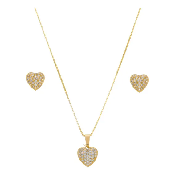 Conjunto Colar Brinco Coração Kit Semi Joia Banhado Ouro 18k Cor Dourado Foto 1