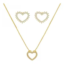 Conjunto Colar Brinco Coração Banhado Ouro Feminino Dourado Foto mini 1