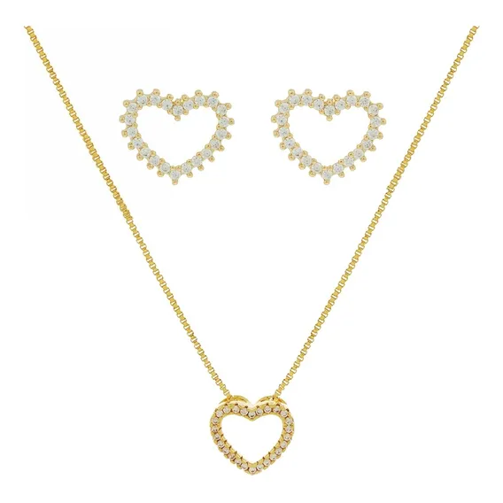 Conjunto Colar Brinco Coração Banhado Ouro Feminino Dourado Foto 1