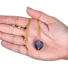 Conjunto Colar Brinco Cristal Coração Corrente Folheada Cor Lilás Foto mini  3