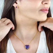 Conjunto Colar Brinco Cristal Coração Corrente Folheada Cor Preto Foto mini  3