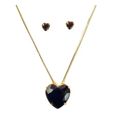 Conjunto Colar Brinco Cristal Coração Corrente Folheada Cor Preto Foto  mini 1
