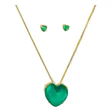Conjunto Colar Brinco Cristal Coração Corrente Folheada Cor Verde Foto  mini 1