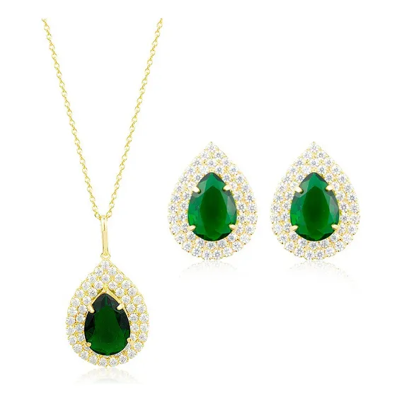 Conjunto Colar + Brinco Festa Esmeralda Dourado Maise Joias Foto 1