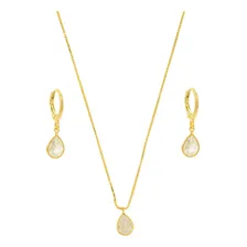Conjunto Colar Brinco Gota Cristal Banho Ouro 18k Feminino Foto  mini 1
