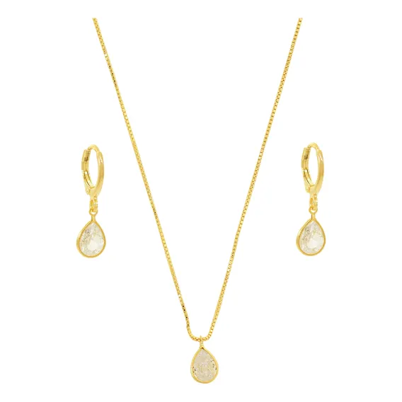 Conjunto Colar Brinco Gota Cristal Banho Ouro 18k Feminino Foto 1