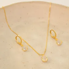Conjunto Colar Brinco Gota Cristal Banho Ouro 18k Feminino Foto mini  3