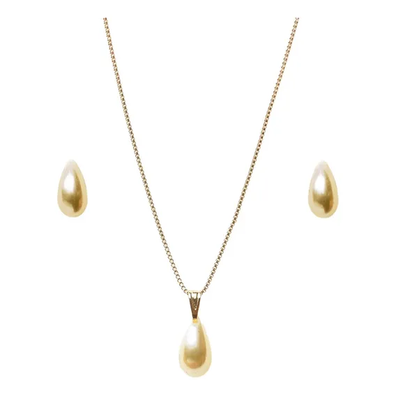 Conjunto Colar Brinco Gota Kit Semi Joias Banhado Ouro 18k Cor Dourado Foto 1