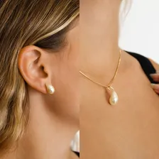 Conjunto Colar Brinco Gota Kit Semi Joias Banhado Ouro 18k Cor Dourado Foto mini  3
