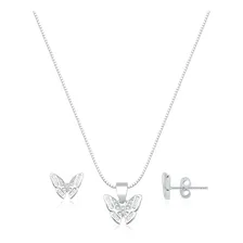 Conjunto Colar Brinco Pingente Borboleta Cravejada Prata 925 Foto  mini 1