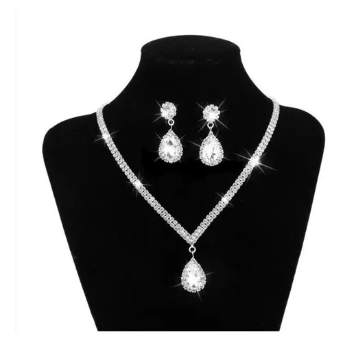 Conjunto Colar Brinco Strass Prata Noiva Festa 15 Anos Luxo Cor Prateado Foto 1