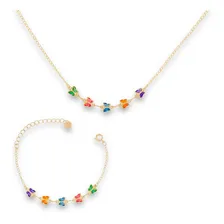 Conjunto Colar Corrente Pulseira Infantil Semijoia Cravejada Cor Dourado Foto mini 1