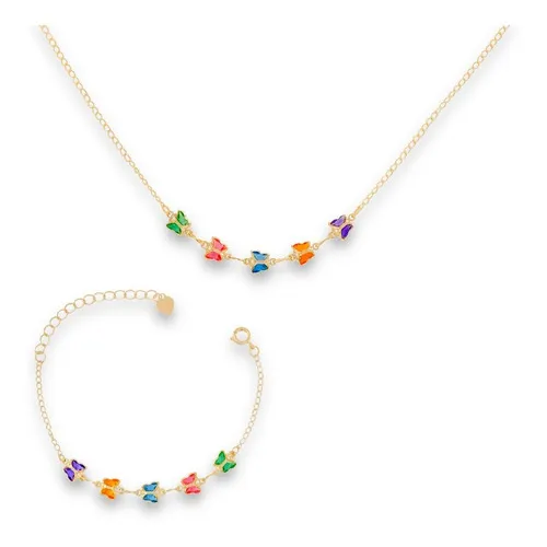 Conjunto Colar Corrente Pulseira Infantil Semijoia Cravejada Cor Dourado Foto 1