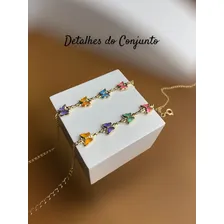 Conjunto Colar Corrente Pulseira Infantil Semijoia Cravejada Cor Dourado Foto mini 3