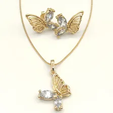 Conjunto Colar E Brinco Borboleta Zirconia Ouro 18k Foto mini 1