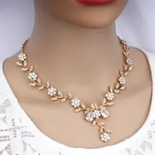 Conjunto Colar E Brinco Casamento Flor De Strass Cor Dourado Foto mini 2