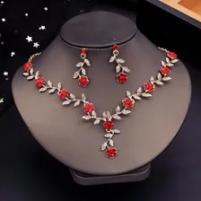 Conjunto Colar E Brinco Casamento Flor De Strass Cor Vermelho Foto mini 2