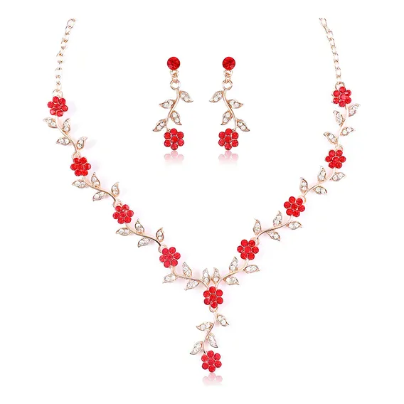 Conjunto Colar E Brinco Casamento Flor De Strass Cor Vermelho Foto 1