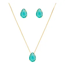 Conjunto Colar E Brinco Gota Pedra Verde Folheado A Ouro 18k Cor Dourado Foto mini 1