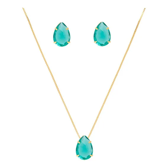 Conjunto Colar E Brinco Gota Pedra Verde Folheado A Ouro 18k Cor Dourado Foto 1