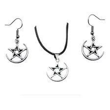 Conjunto Colar E Brinco Pentagrama Prateado Pequeno Delicado Foto  mini 1
