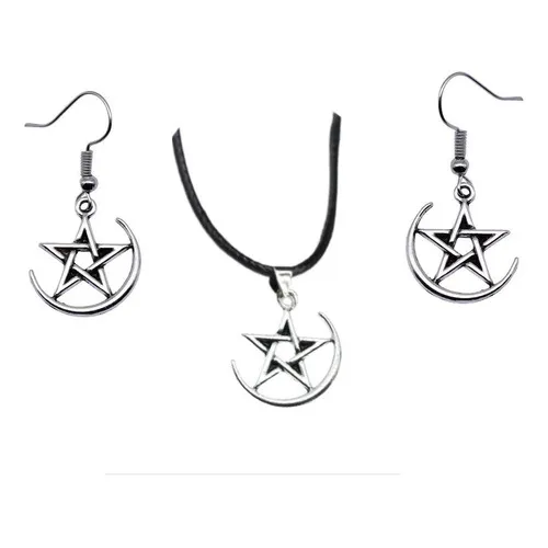 Conjunto Colar E Brinco Pentagrama Prateado Pequeno Delicado Foto 1