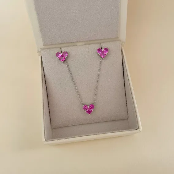 Conjunto Colar E Brinco Rosa Turmalina Com R贸dio Branco Foto 1