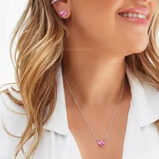 Conjunto Colar E Brinco Rosa Turmalina Com R贸dio Branco Foto mini 2