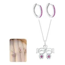 Conjunto Colar Mãe De Meninas E Brinco Rosa Em Prata 925 Foto mini 1