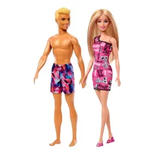 Conjunto Colecionável Casal Bonecos Mattel Brinquedos : Boneca Menina Barbie Loira Fashion Vestido Rosa + Boneco Menino Ken Praia Loiro Foto mini 1