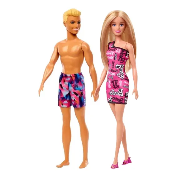 Conjunto Colecionável Casal Bonecos Mattel Brinquedos : Boneca Menina Barbie Loira Fashion Vestido Rosa + Boneco Menino Ken Praia Loiro Foto 1