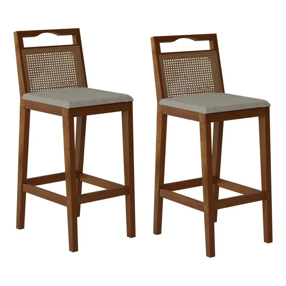 Conjunto Com 2 Banquetas Madeira Maciça Rattan Vittoria Foto 1