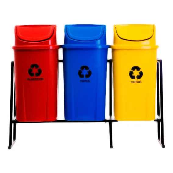 Conjunto Com 3 Lixeiras 60 Litros Para Coleta Seletiva Com Suporte Cor Cores Foto 1