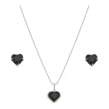 Conjunto Com Zircônia Preta Coração Colar E Brinco Prata 925 Foto mini 1