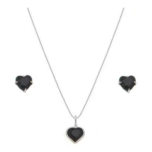 Conjunto Com Zircônia Preta Coração Colar E Brinco Prata 925 Foto 1