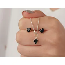 Conjunto Com Zircônia Preta Coração Colar E Brinco Prata 925 Foto mini 2