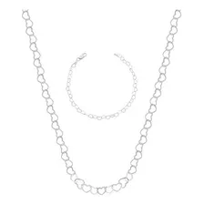 Conjunto Corrente E Pulseira De Elos De Coração Prata 925 Cor Prata Foto mini 1