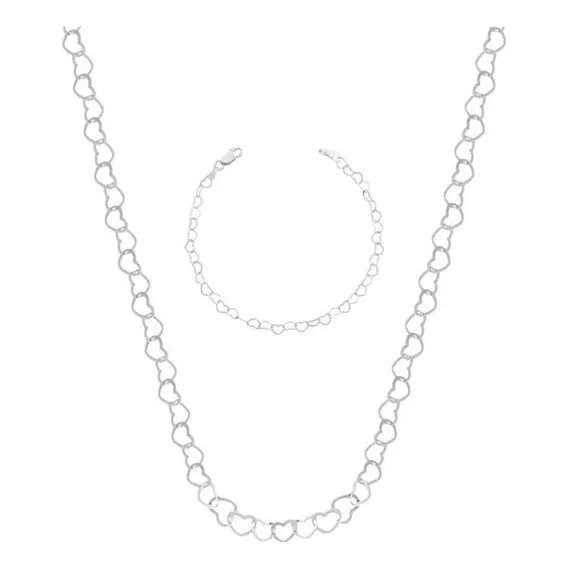 Conjunto Corrente E Pulseira De Elos De Coração Prata 925 Cor Prata Foto 1