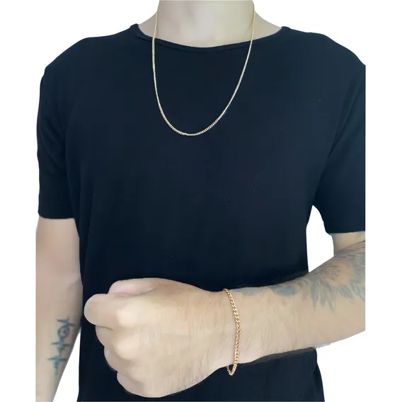 Conjunto Corrente Pulseira Banhada Cordão Banhado Ouro 18k Cor 19cm Foto 1