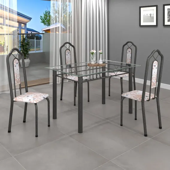 Conjunto De Mesa 120x75cm Tampo Vidro Com 4 Cadeiras Bianca Foto 1
