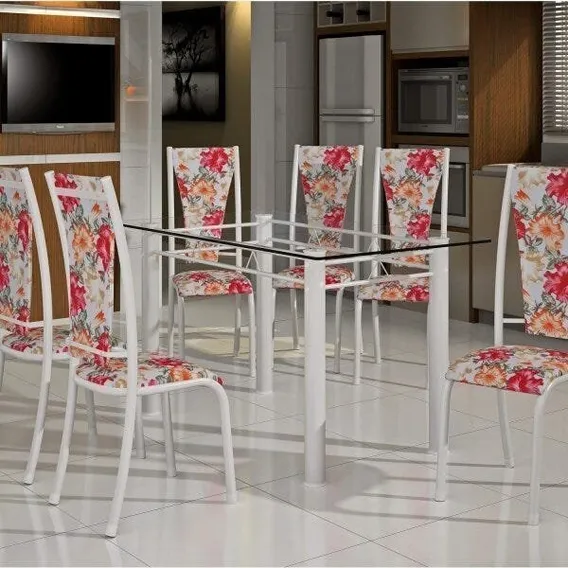 Conjunto De Mesa Retangular Tampo De Vidro 6 Cadeiras Wt Foto 1